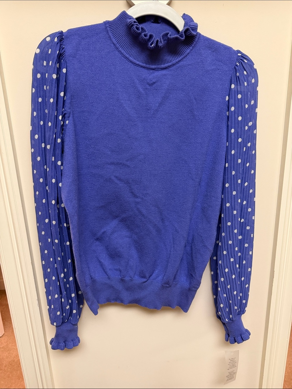 Nannette Purple Ruffle Mock Neck Sweater with Polka Dot Sleeve